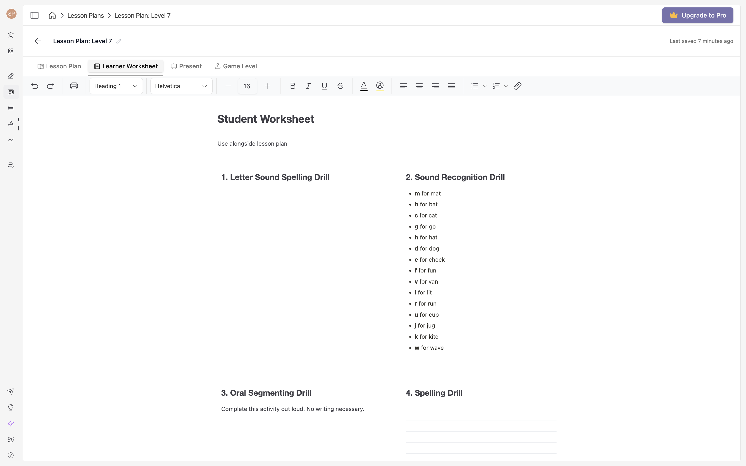 Spellcaster learner worksheet view